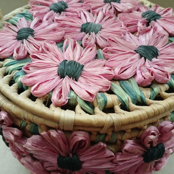 Country Farmhouse Floral Wicker Basket 11" Attached Pink Flowers Beachy Boho - Picture 8 of 11